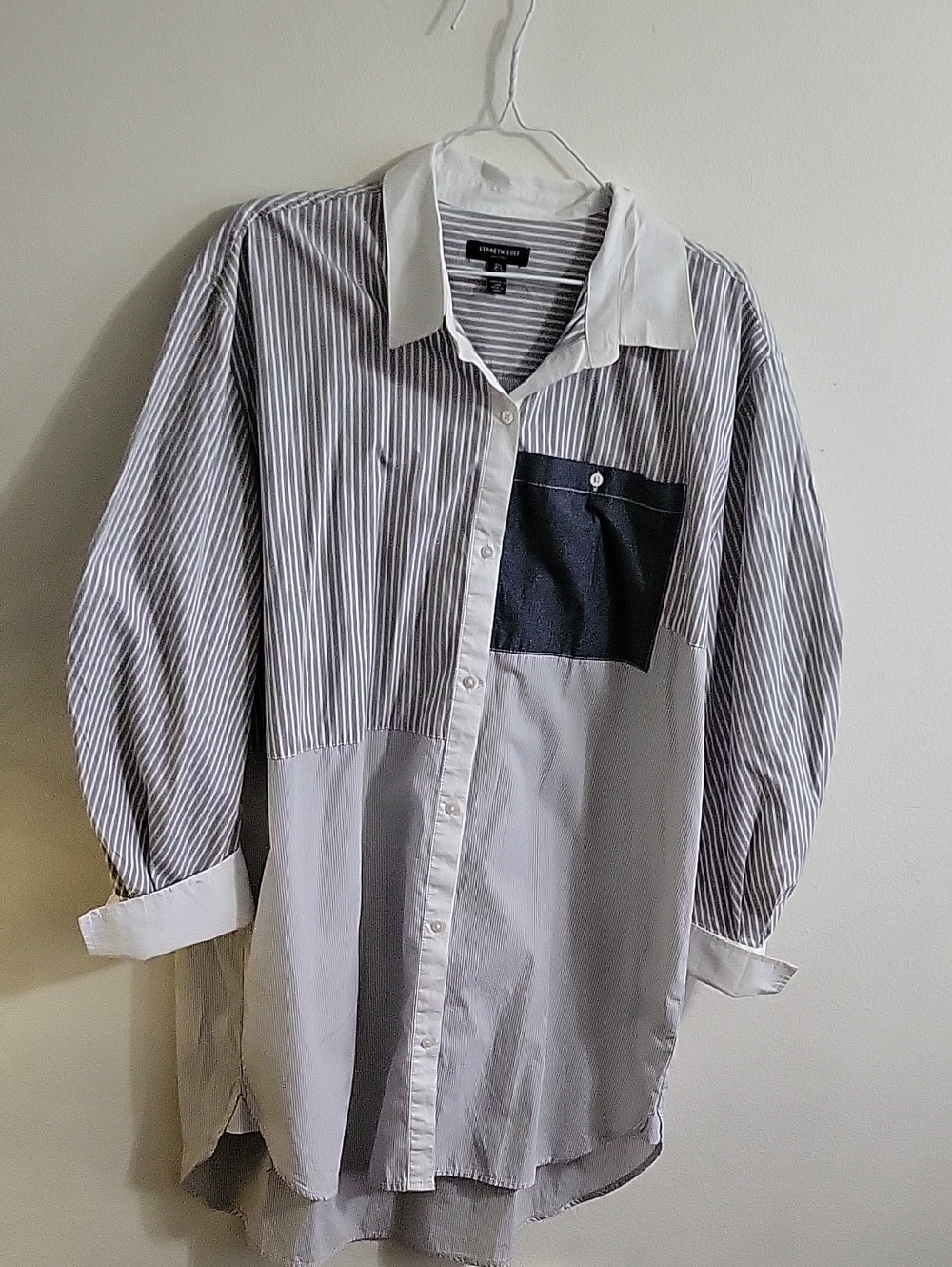 Women Two-Tone Striped Button-Up Shirt - White & Gray